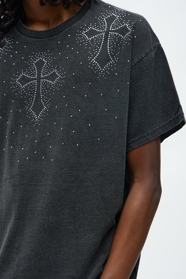 Cross Rhinestones Oversized Short Sleeve Tee - Black