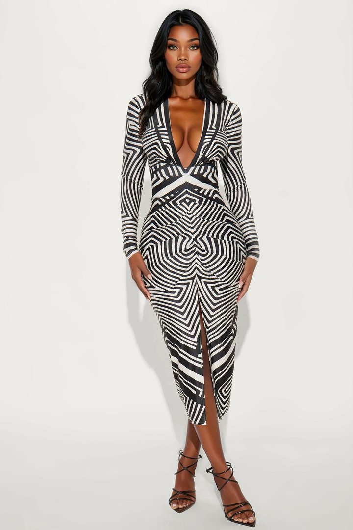 Janelle Long Sleeve Midi Dress - Black/White