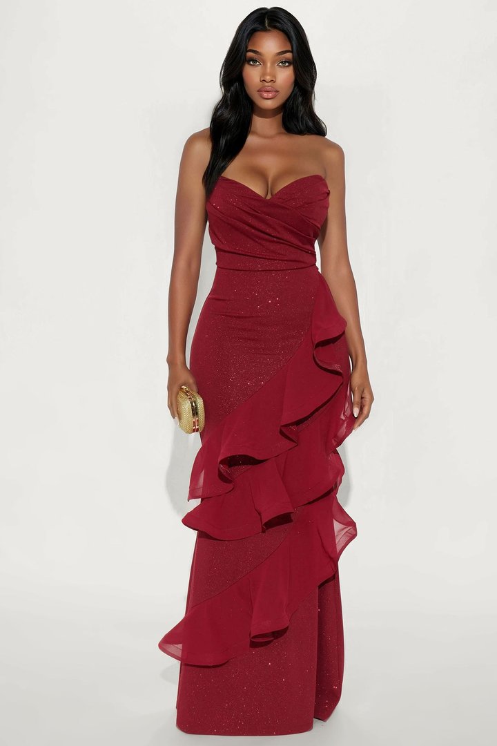 Bold Edge Glitter Maxi Gown - Wine
