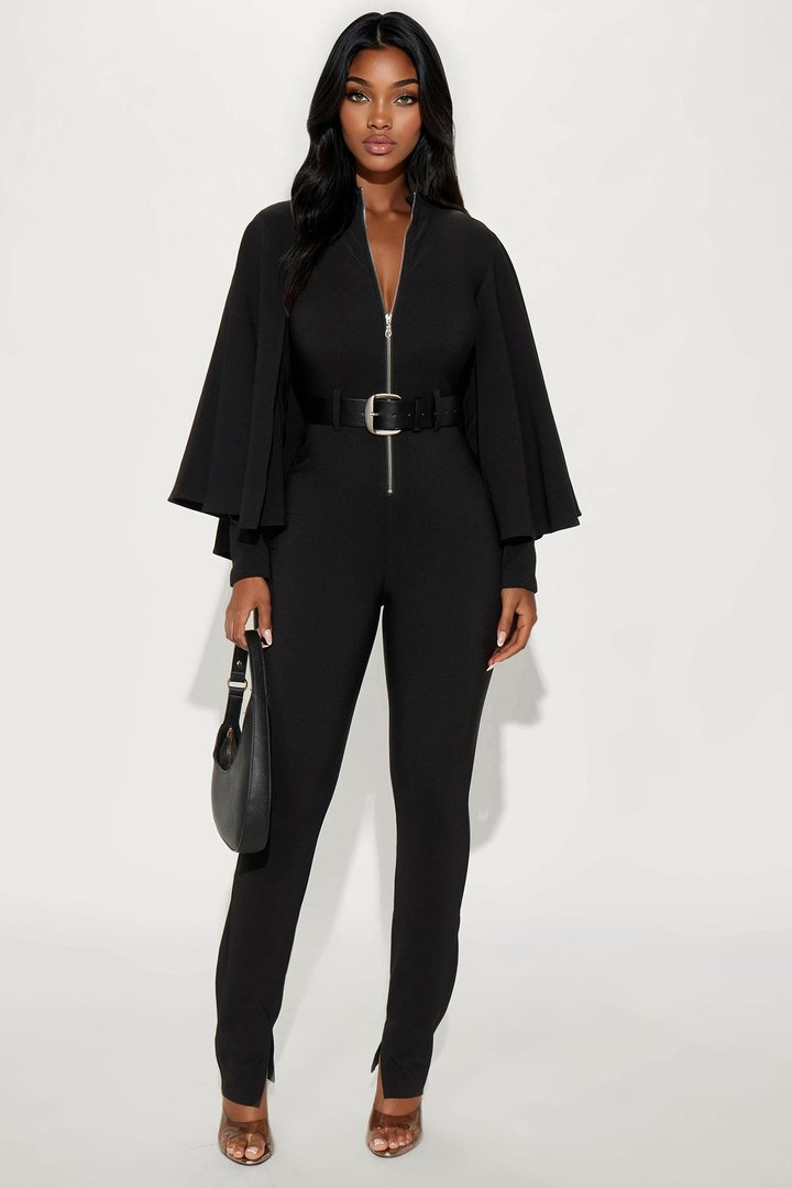 High Roller Cape Sleeve Belted Wide Leg Jumpsuit - Black