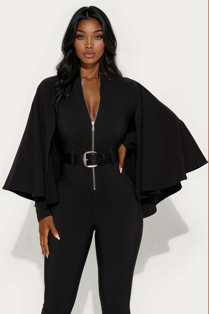 High Roller Cape Sleeve Belted Wide Leg Jumpsuit - Black