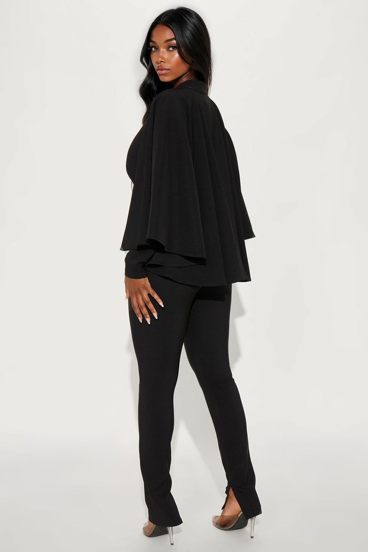 High Roller Cape Sleeve Belted Wide Leg Jumpsuit - Black