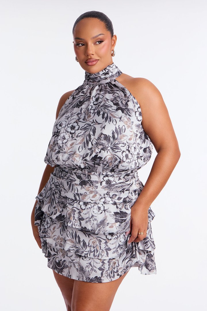 Petal Please Ruffle Satin Mini Dress - Grey/combo