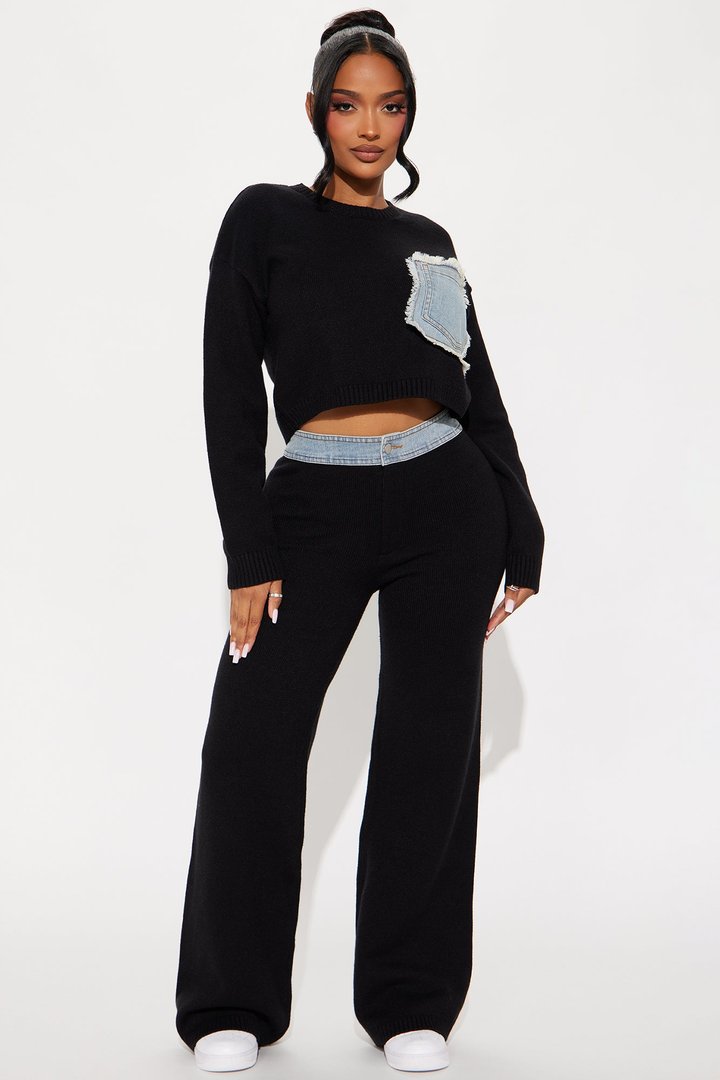 Melanie Mixed Sweater Pant Set - Black
