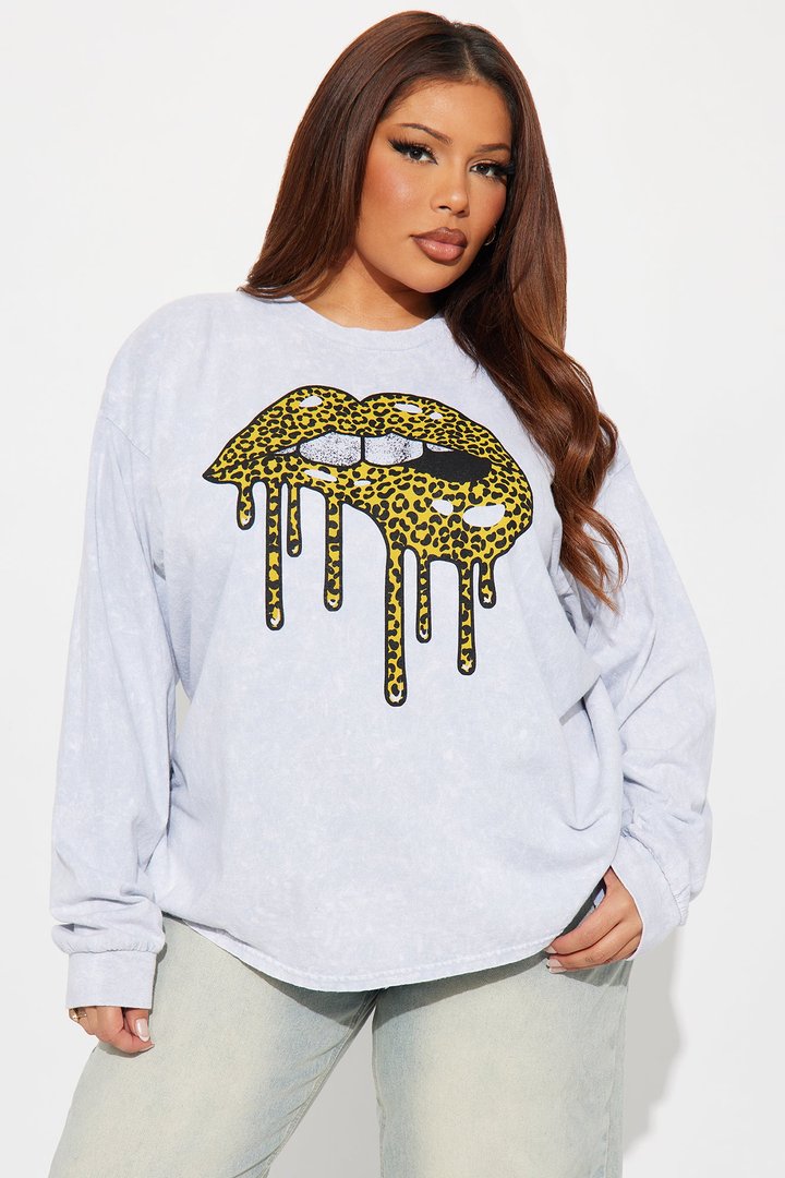 Leopard Lips Washed Oversized Long Sleeve Tee - Grey