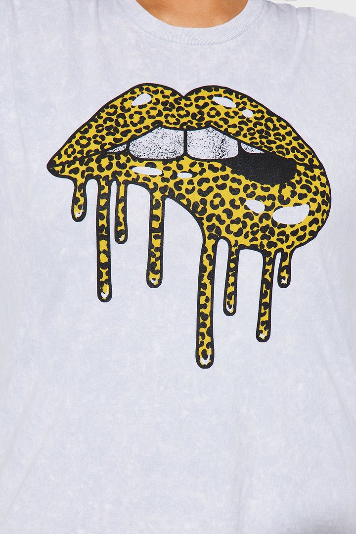 Leopard Lips Washed Oversized Long Sleeve Tee - Grey