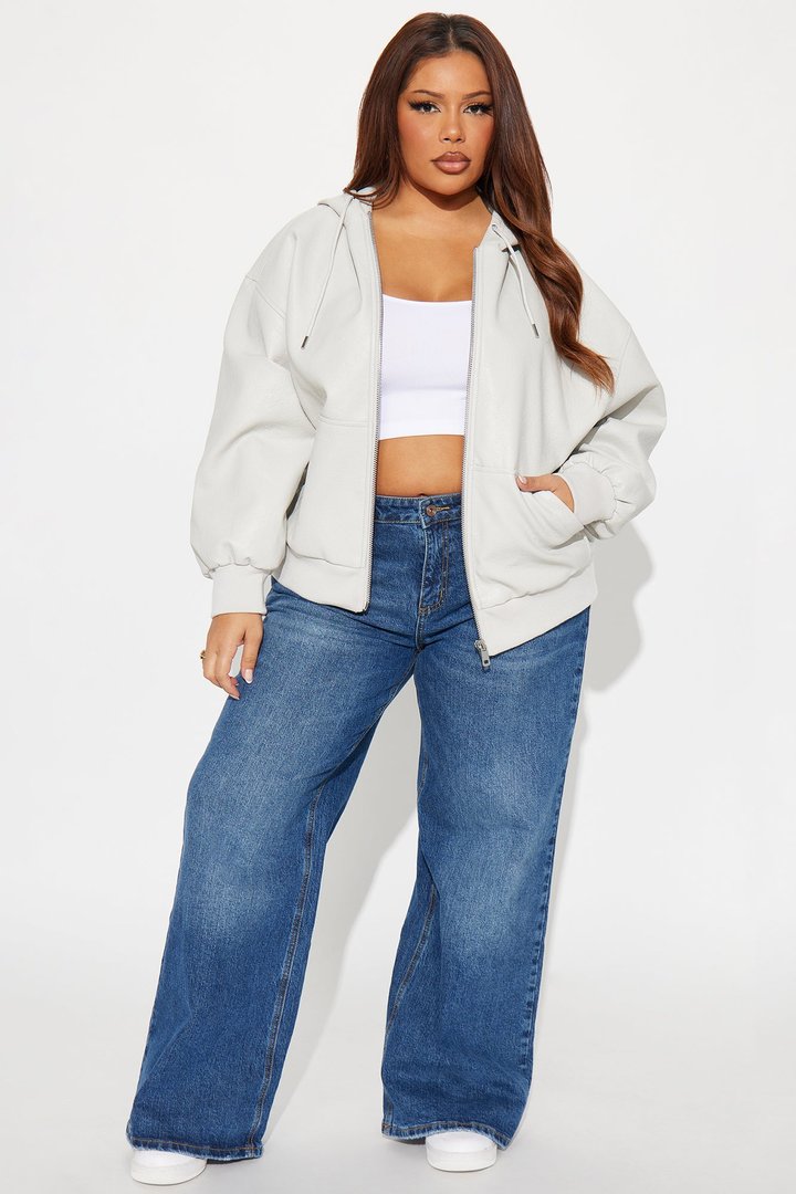 Alix Faux Leather Oversized Bomber Jacket - Light Grey