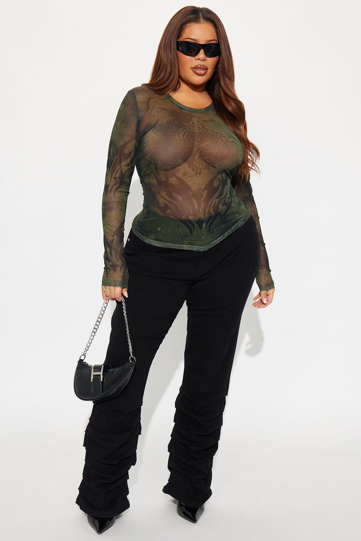In Flames Mesh Long Sleeve Top - Olive