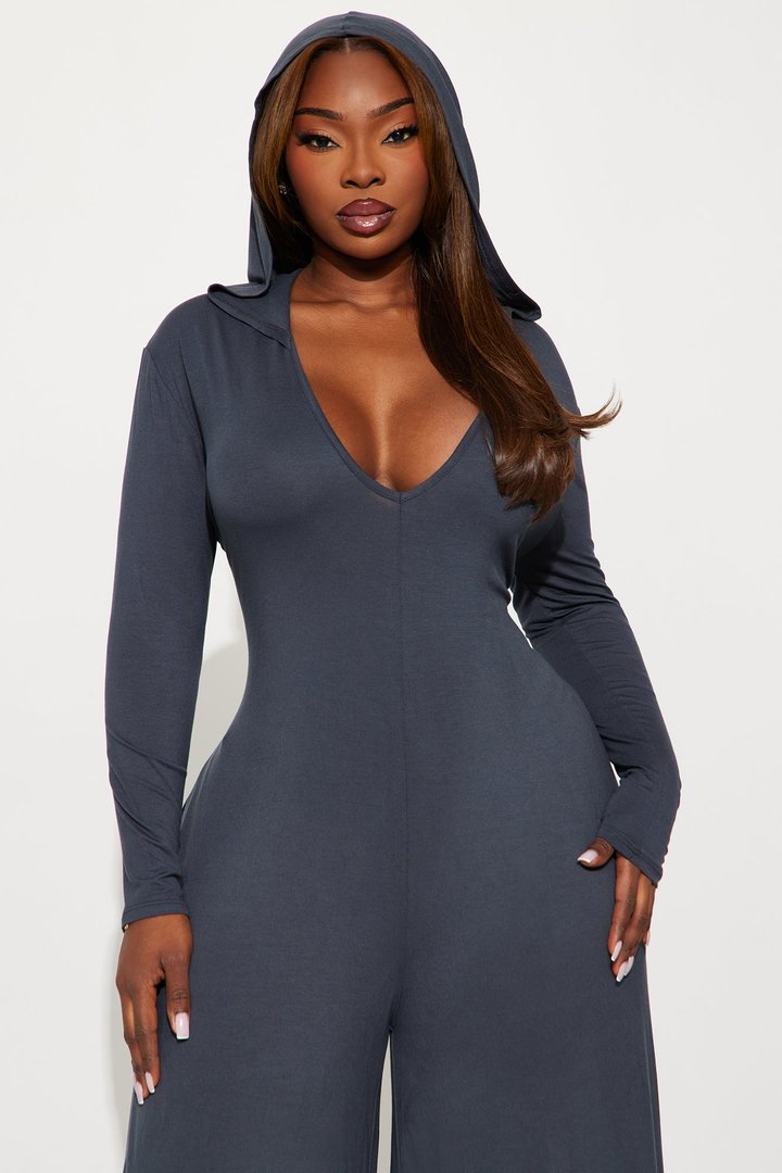 Haven Hooded Wide Leg Long Sleeve Jumpsuit - Charcoal