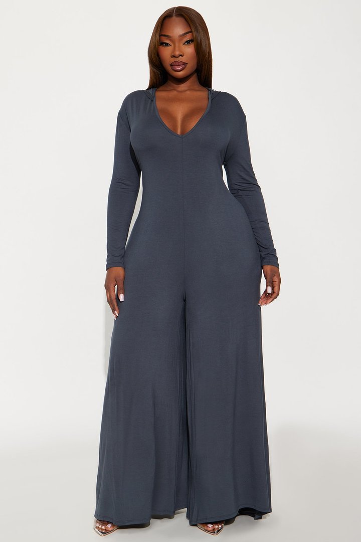Haven Hooded Wide Leg Long Sleeve Jumpsuit - Charcoal