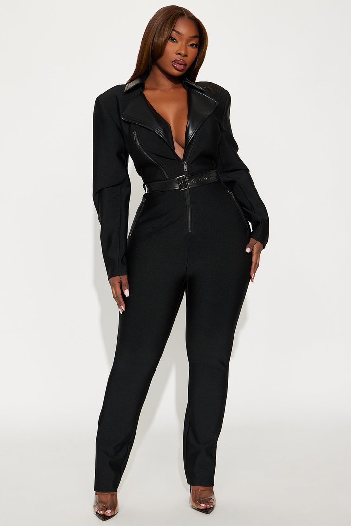 Irina Bold Bandage Moto Jumpsuit - Black