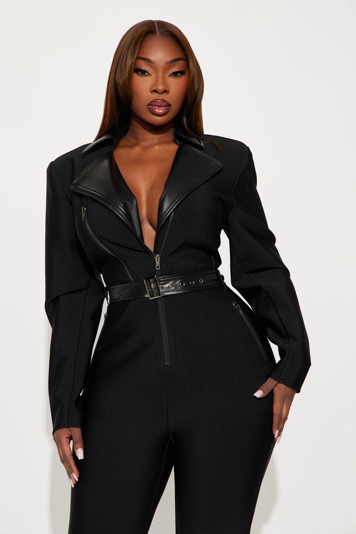 Irina Bold Bandage Moto Jumpsuit - Black