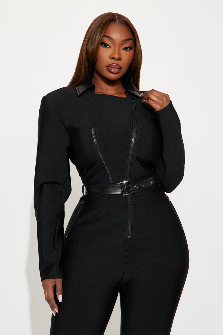 Irina Bold Bandage Moto Jumpsuit - Black