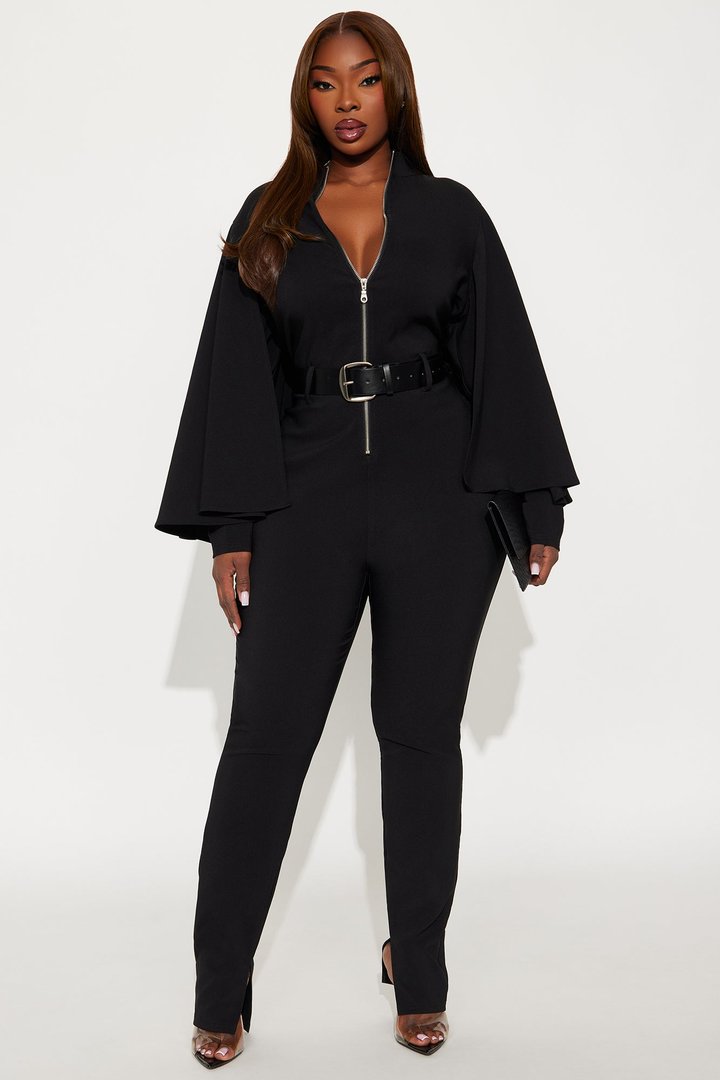 High Roller Cape Sleeve Belted Wide Leg Jumpsuit - Black