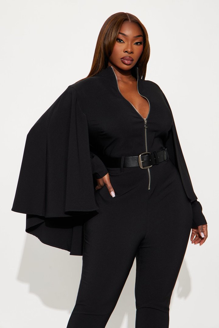 High Roller Cape Sleeve Belted Wide Leg Jumpsuit - Black