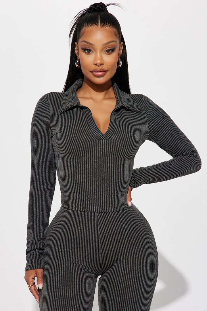Josie Ribbed Long Sleeve Set - Charcoal