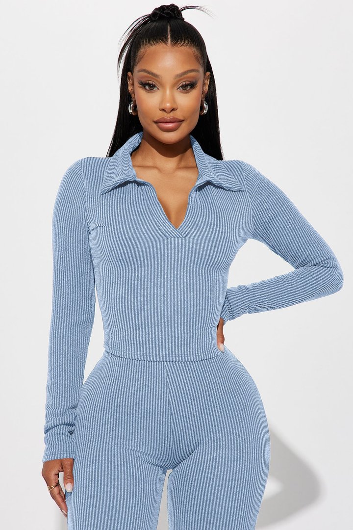Josie Ribbed Long Sleeve Set - Dusty Blue