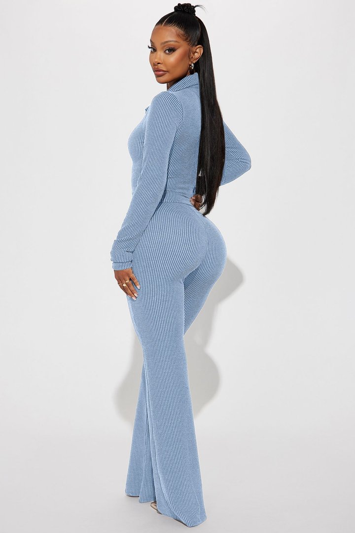 Josie Ribbed Long Sleeve Set - Dusty Blue