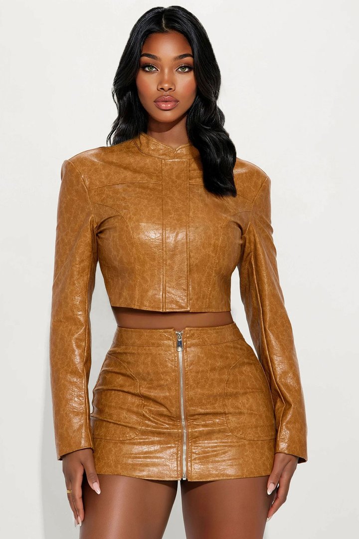 Melody Faux Leather Jacket Mini Skirt Set - Brown