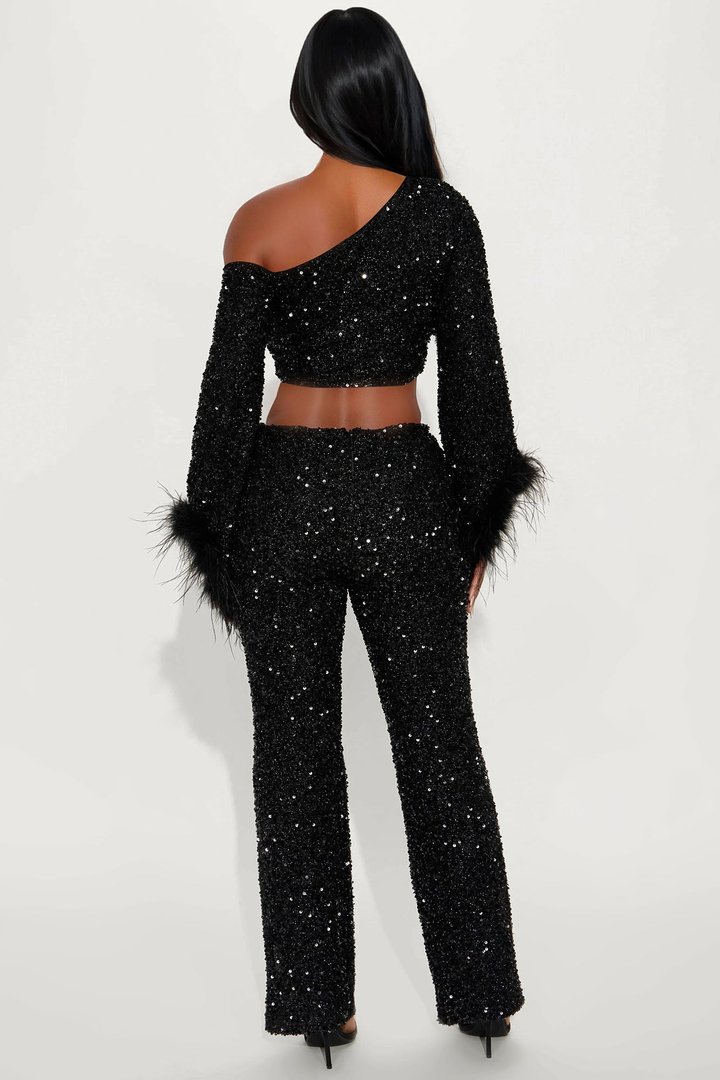 Shine All Night Feather Trim Sequin Pant Set - Black