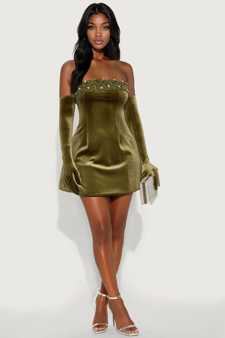 Genovia Embellished Velvet Mini Dress - Olive