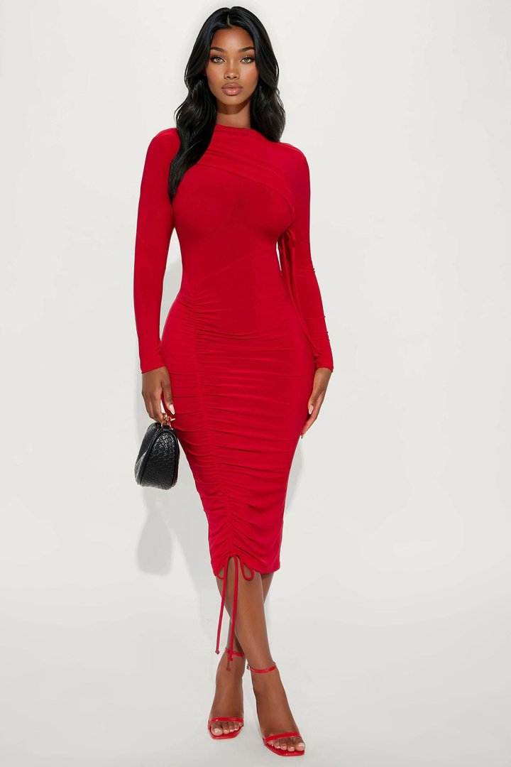 River Long Sleeve Midi Dress - Red