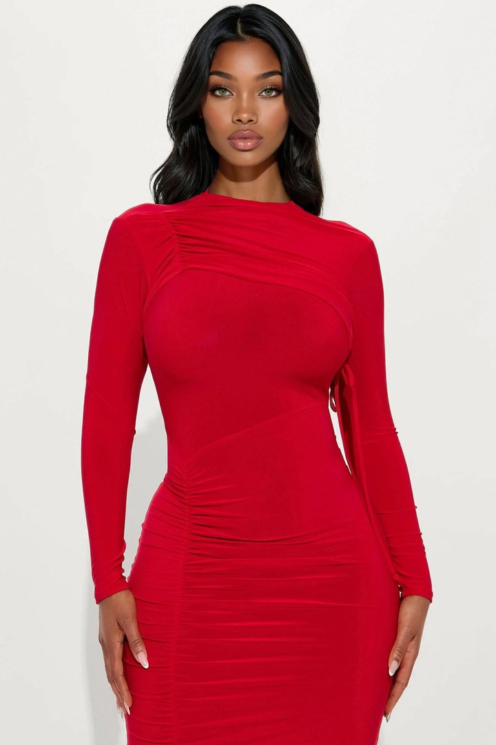 River Long Sleeve Midi Dress - Red
