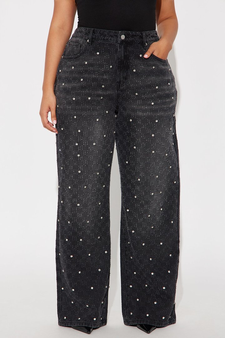 City Lights Embellished Wide Leg Jeans - Black Wash