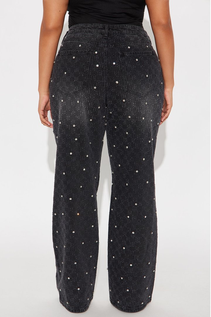 City Lights Embellished Wide Leg Jeans - Black Wash