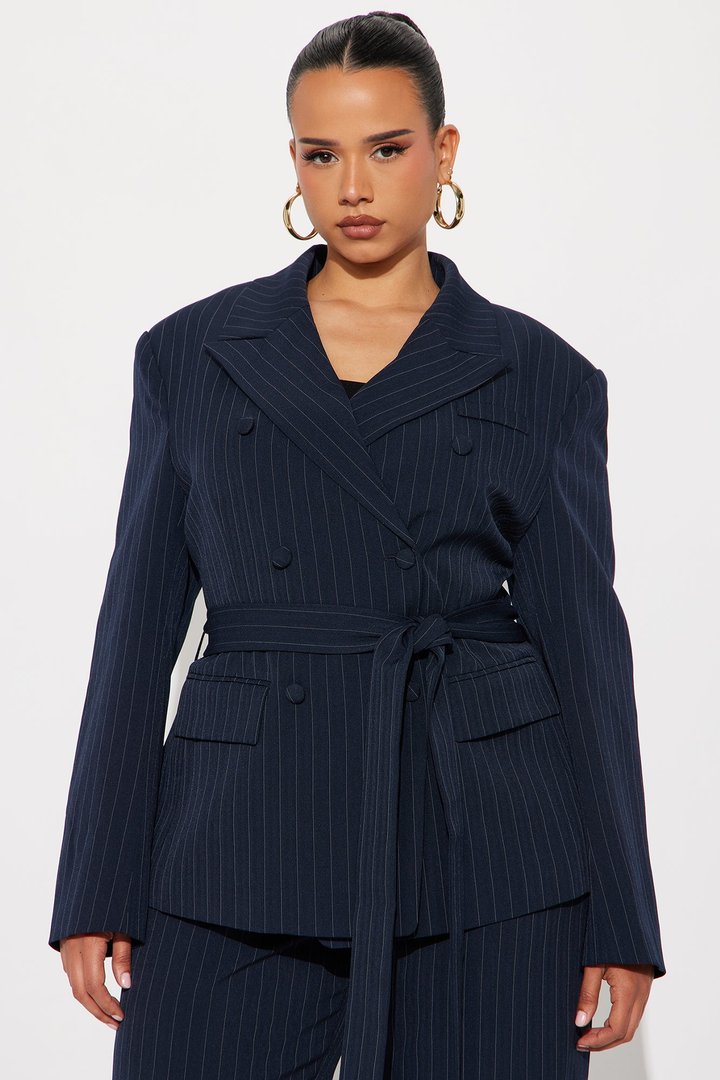 Focus Forward Belted Pinstripe Blazer - Navy/combo