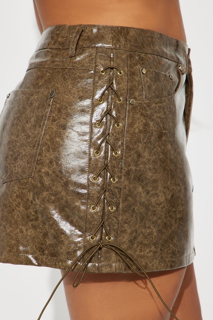 Brienne Washed Faux Leather Mini Skirt - Olive