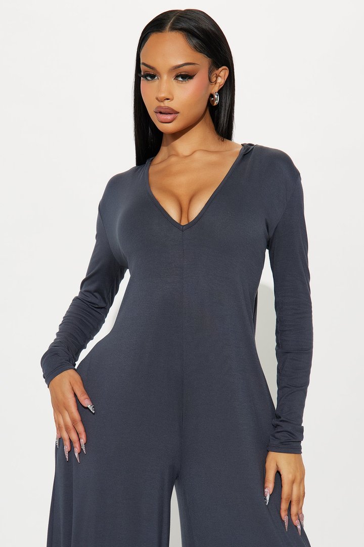 Haven Hooded Wide Leg Long Sleeve Jumpsuit - Charcoal