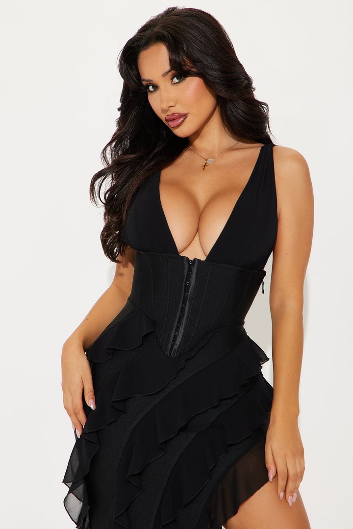Jocelyn Bandage Ruffle Midi Dress - Black