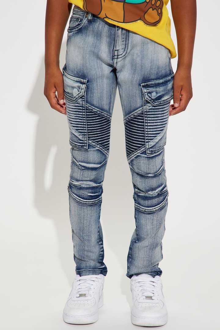 Mini Denim Rip And Repair Cargo Jeans - Blue Wash
