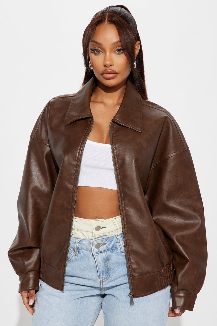 Hustle Mode Oversized Faux Leather Jacket - Chocolate