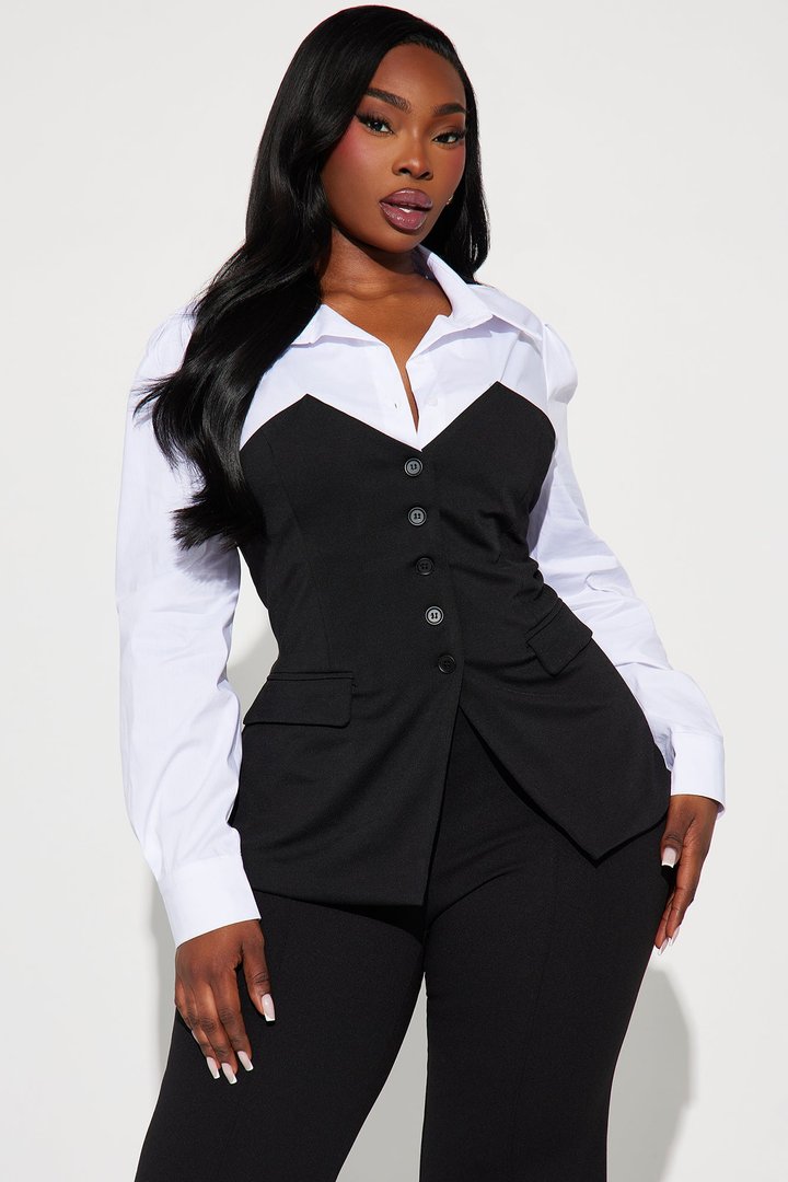 Here To Work Poplin Vest Top - Black/White