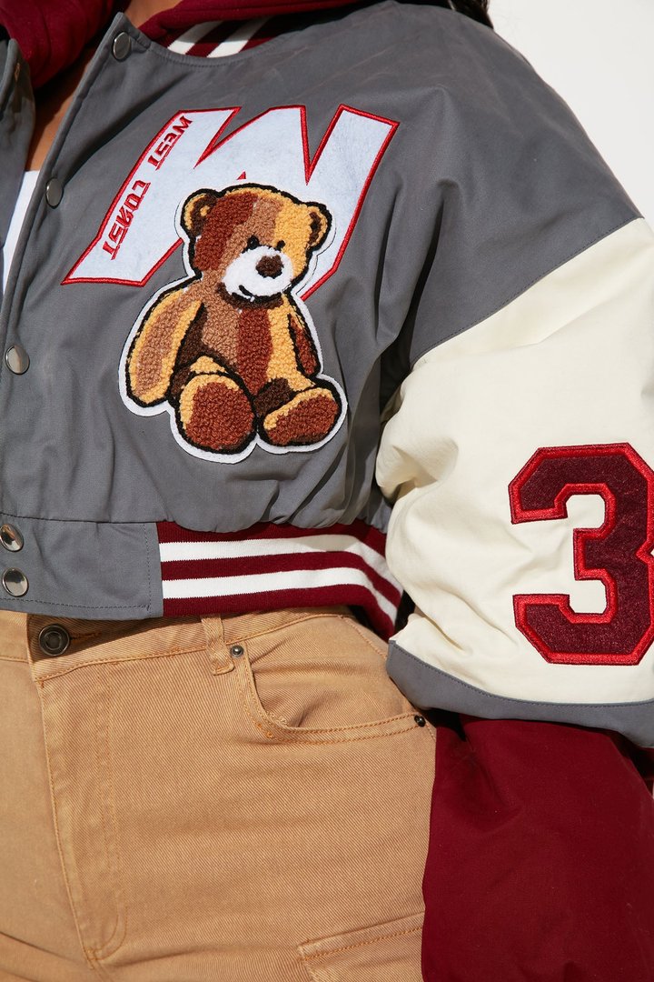Cali Teddy Bomber Jacket - Grey/Combo