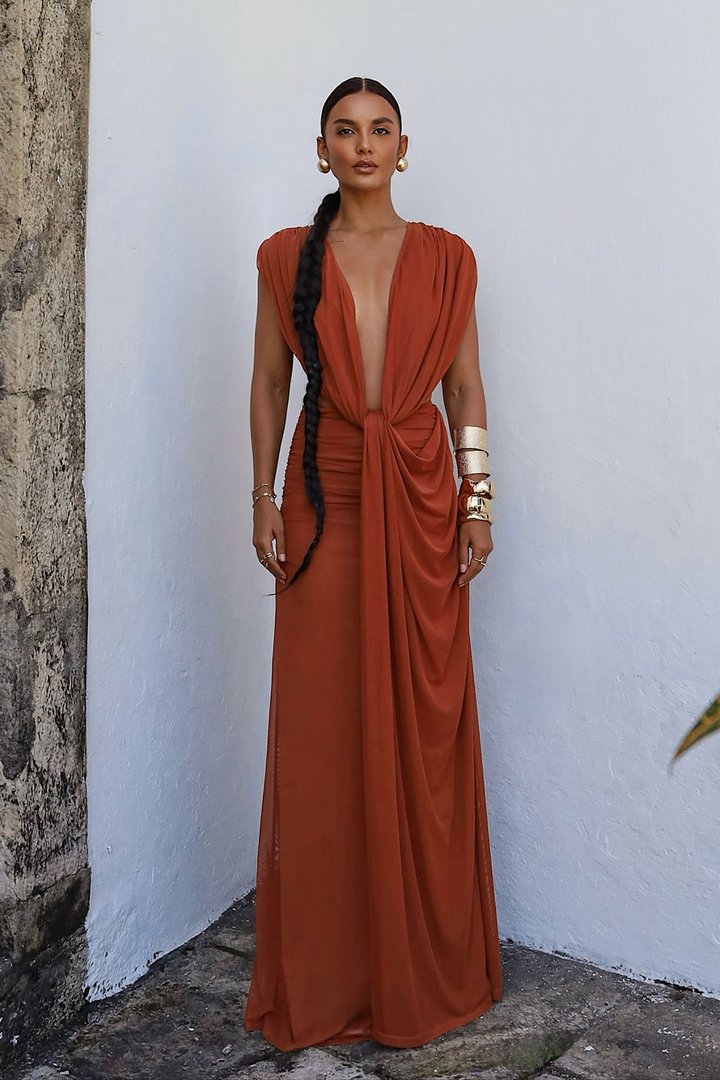 Passion Fruit Mesh Maxi Dress - Rust