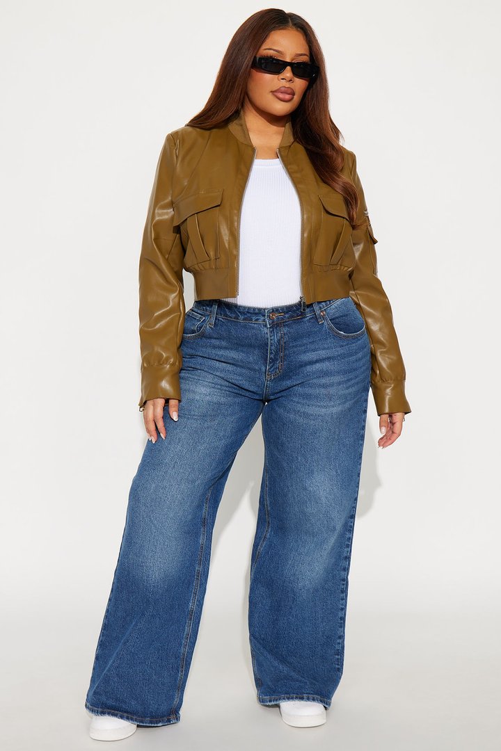 New Rules Cropped Faux Leather Cargo Jacket - Olive
