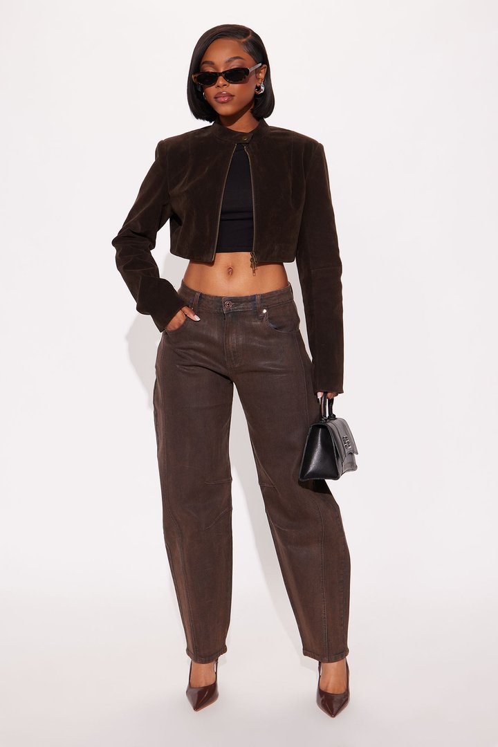 Cali Coated Barrel Leg Jeans - Brown