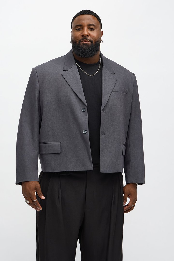 Gabardine Boxy Cropped Single Breasted Blazer - Charcoal