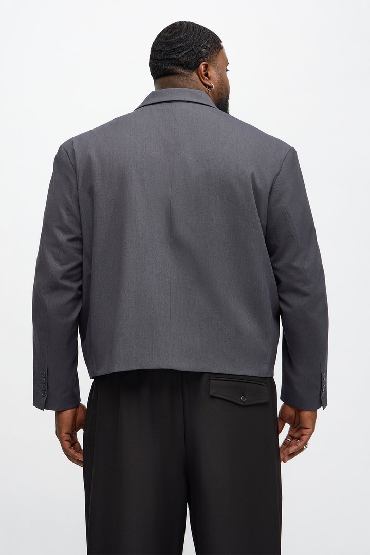 Gabardine Boxy Cropped Single Breasted Blazer - Charcoal