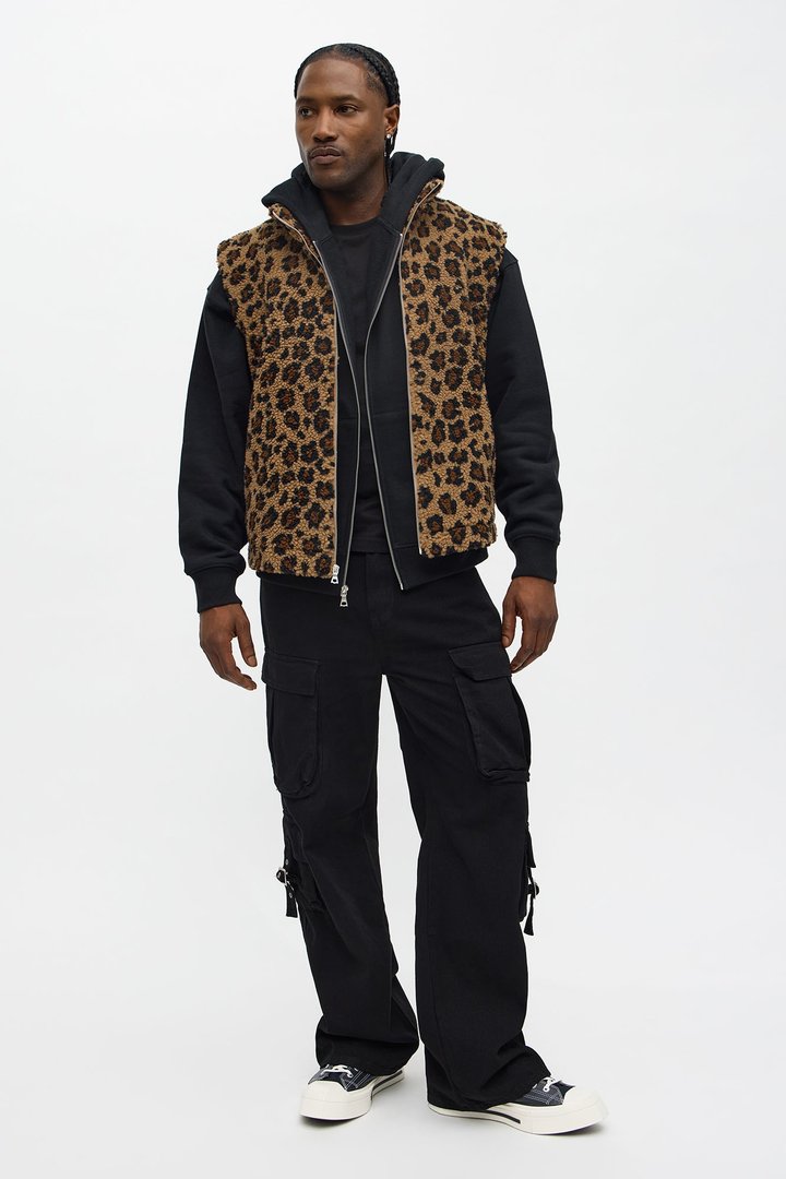 Relaxed Faux Fur Leopard Vest - Brown