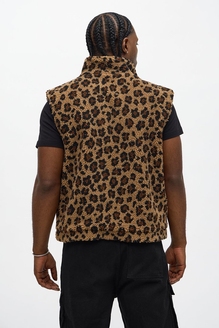 Relaxed Faux Fur Leopard Vest - Brown