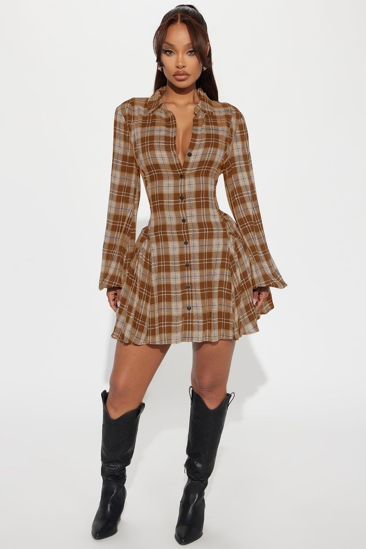 Rianne Plaid Mini Shirt Dress - Brown/combo