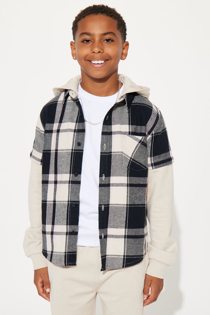 Mini Hooded Long Sleeve Flannel Set - Stone/Combo