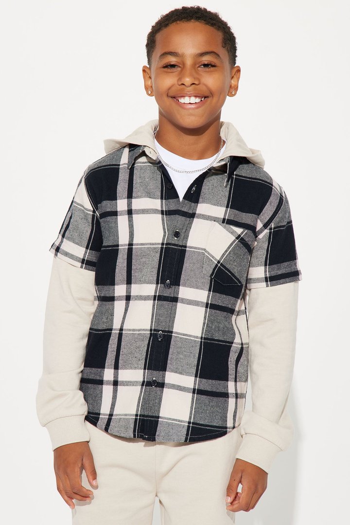 Mini Hooded Long Sleeve Flannel Set - Stone/Combo