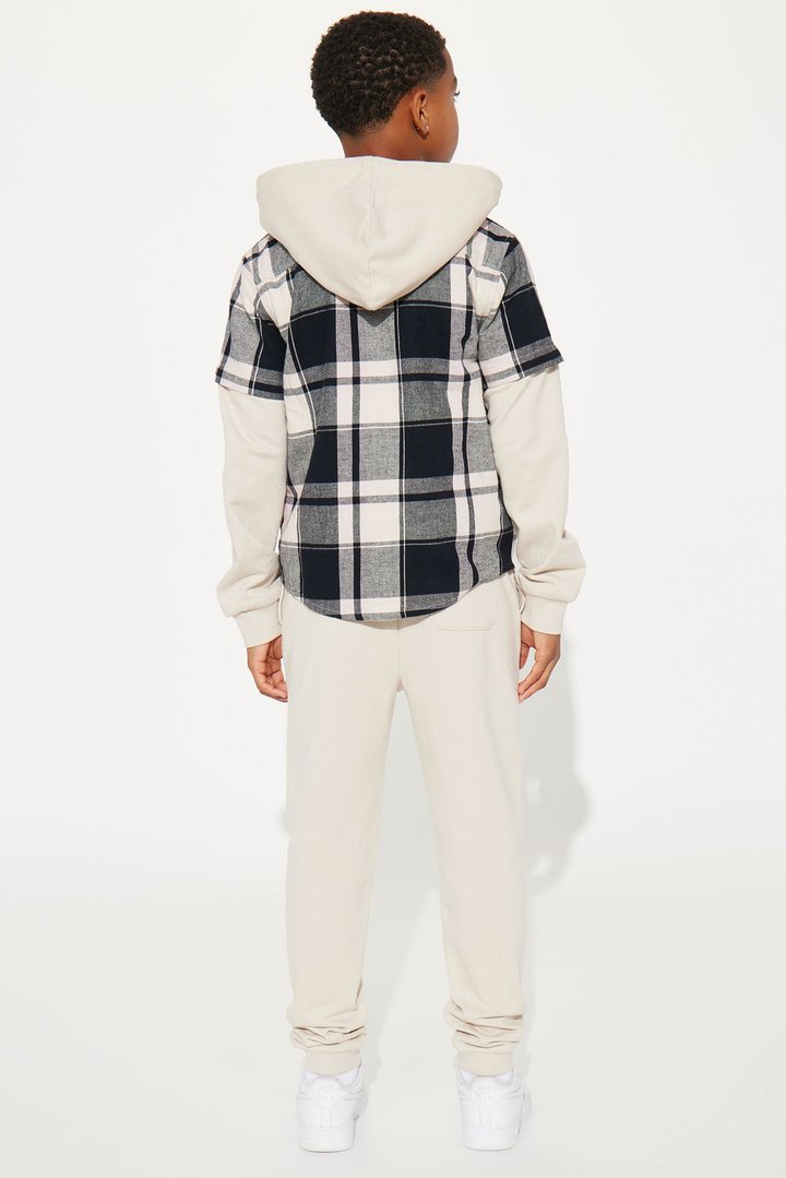 Mini Hooded Long Sleeve Flannel Set - Stone/Combo