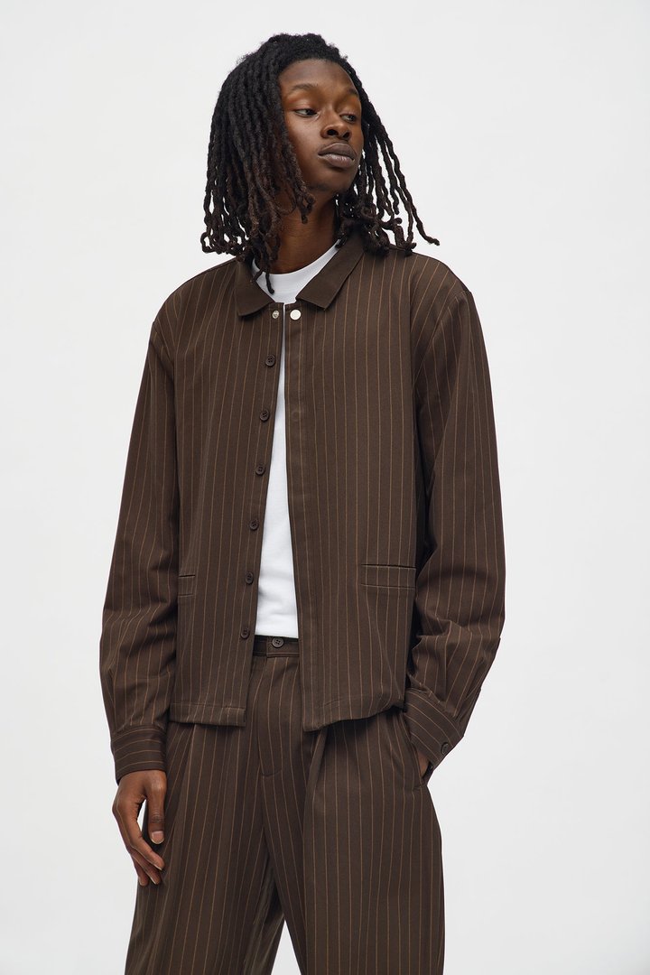 Straight Striped Elevated Shirt Jacket - Brown