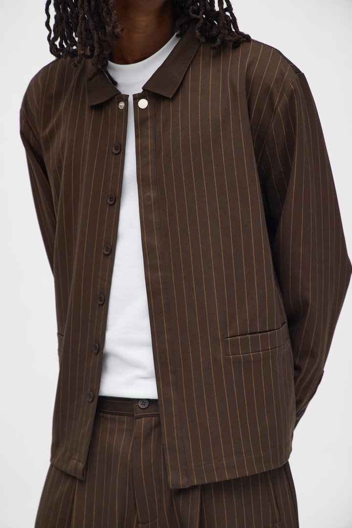 Straight Striped Elevated Shirt Jacket - Brown